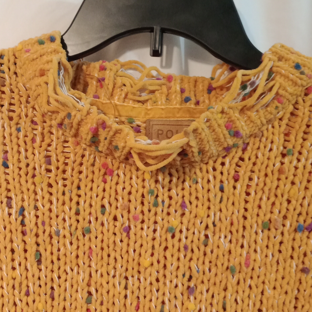124 Pol Confetti knitted mustard distress sweater with bubble sleeves size S✔️ - Picture 3 of 10